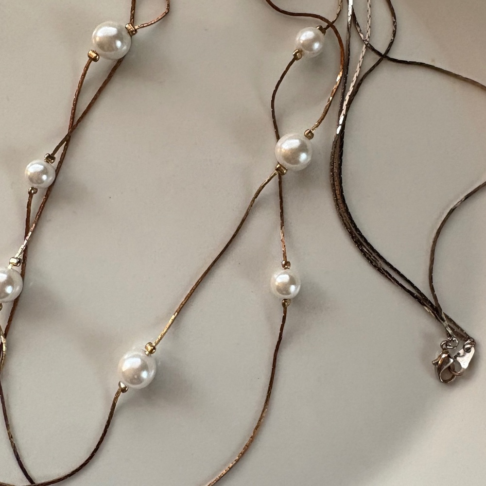 Layered Faux Pearl Long Necklace on braided chain.